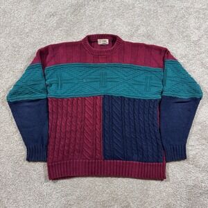 Vintage Heather & Tweed Mens XL Colorblock Cable Knit Sweater Cotton Crew Neck